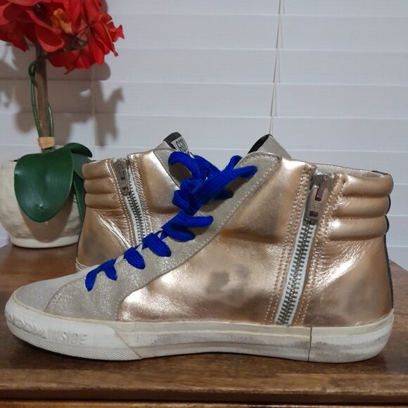 Golden Goose Laminated Slide Sneakers Sz 35 (US 5) Preowned Gold White Blue - Picture 15 of 16